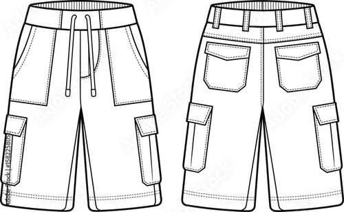cargo shorts flat sketch, technical drawing front back, men summer pants design, detailed pocket illustration, fashion apparel template
