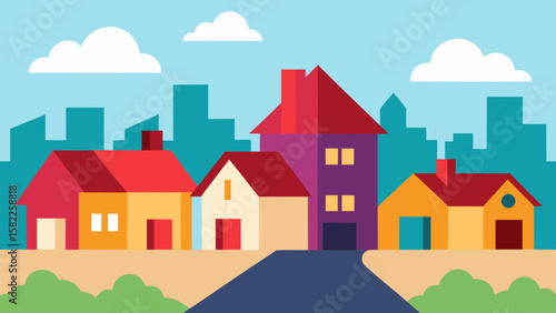 Cartoon vector illustration of residential city landscape with houses, trees, and sky