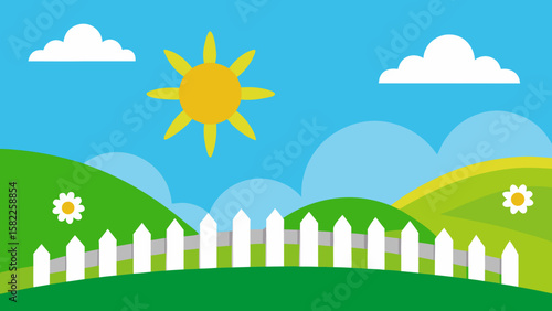 A vibrant cartoon summer landscape vector illustration features green grass, blue sky, and a distant city, creating an idyllic natural scene
