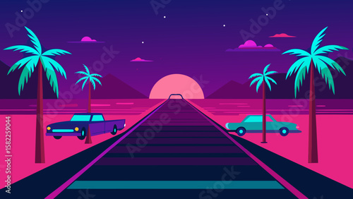 Tropical island beach at night with palm trees, moonlit sea, and summer sky