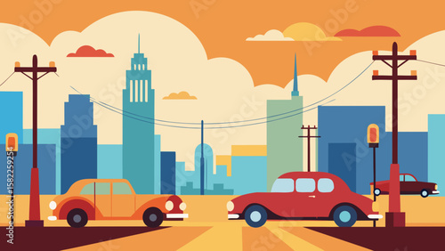 Cartoon vector illustration of a city bus on a road, a vibrant urban landscape with cars, sky, and clouds