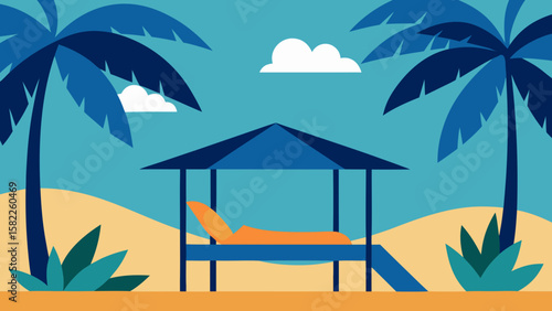 A serene tropical beach paradise awaits, featuring an umbrella shading a chair under swaying palm trees, with the clear blue ocean and sunny sky completing this perfect summer vacation landscape