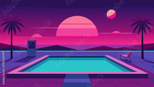 Here's a single sentence to describe the image:

Swimming pool at night with a stunning sunset reflection on the water, surrounded by an orange and red sky