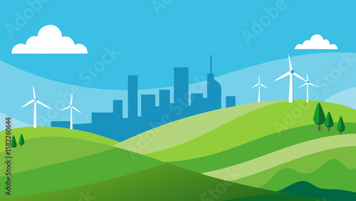 Green wind power turbines stand tall in a vast, open field generating clean, renewable energy under a clear blue sky