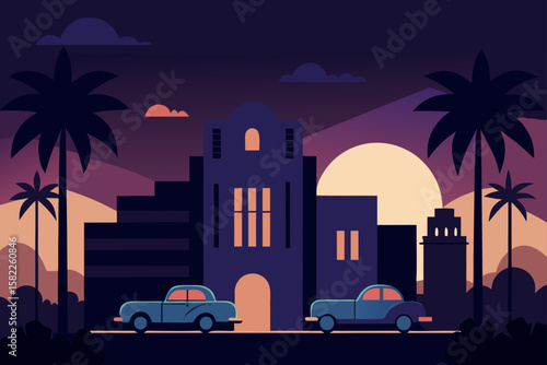 Vibrant vector illustration of a sprawling night city skyline, with illuminated buildings, urban architecture, and distant moonlit silhouettes