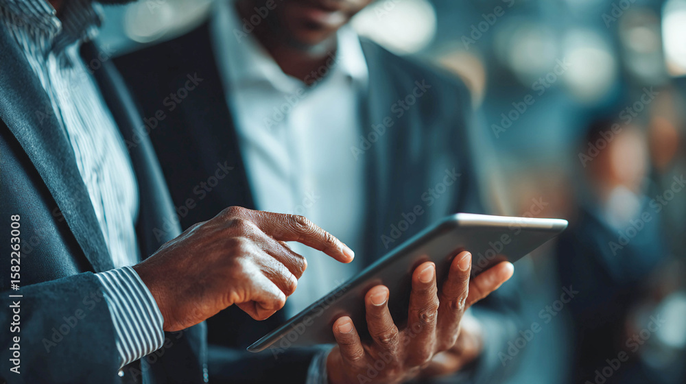 Two men wearing suits. One of the men is holding a tablet and pointing to the screen. Two men wearing suits. One of the men is holding a tablet and pointing to the screen.