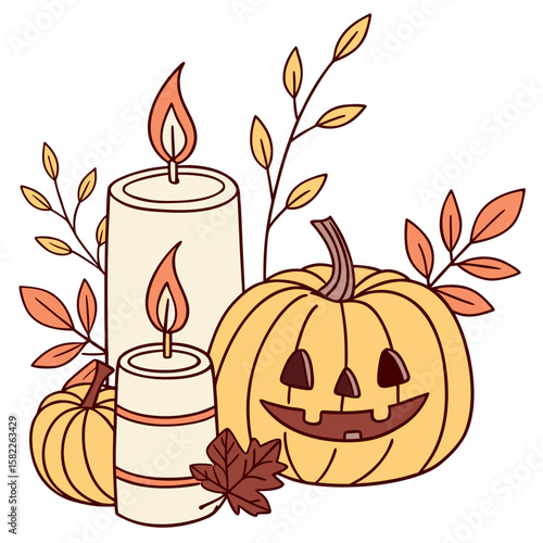 Illustration of two candles with flames, two pumpkins, and autumn leaves arranged together nicely