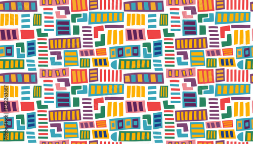 Hand drawn abstract seamless geometric pattern. African ethnic banner. Vector colorful shapes background in flat style.