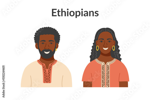 Ethiopians ethnicity people isolated on a white background. Man and woman cliparts. Vector flat illustration.