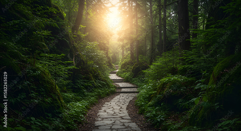 Obraz premium Lush forest path leading to sunlight