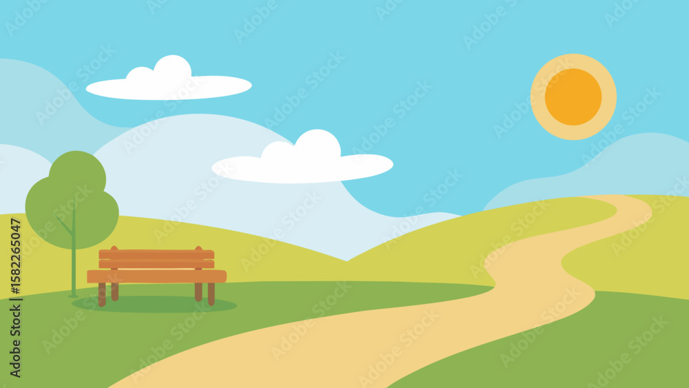 Fototapeta premium Sunny Spring Park with Winding Path and Wooden Bench
