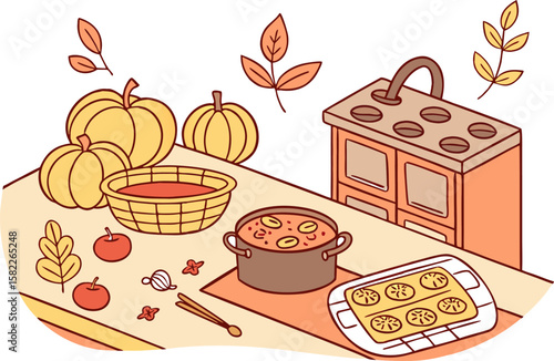 A cozy kitchen scene with pumpkins, apples, leaves, a pot of soup, and a vintage stove on the countertop
