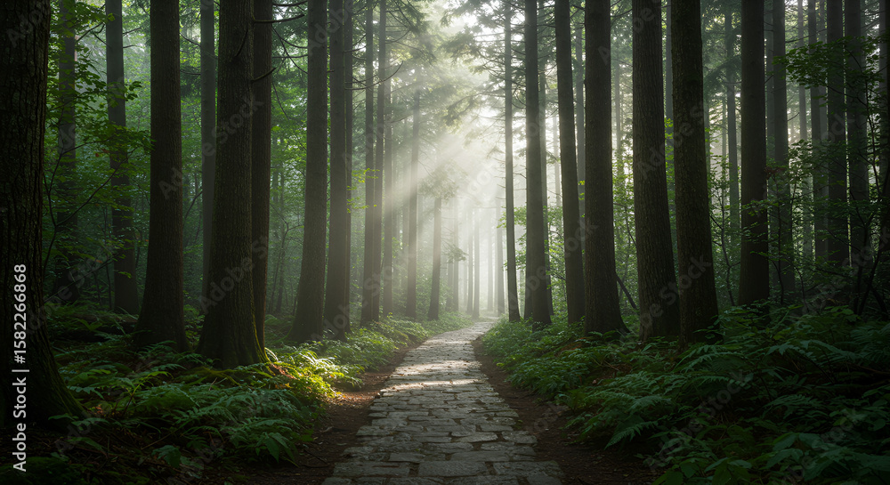 Sunbeams illuminate a paved path through a misty forest Sunbeams illuminate a paved path through a misty forest