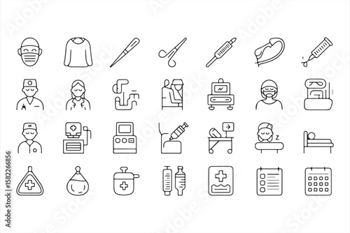 Set of Medical and Healthcare Icons for Doctors, Patients, and Treatment