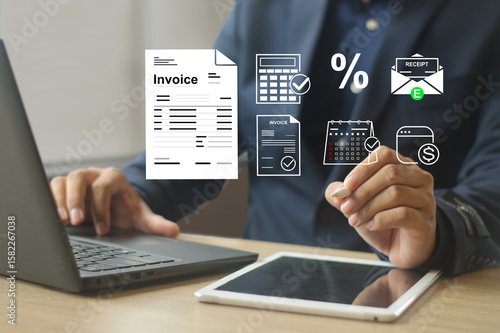 managing online invoices, electronic tax, e-invoice, and digital receipt statements concept