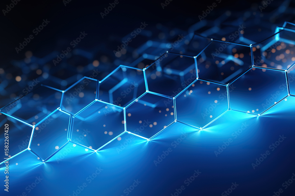 Obraz premium Blue gradient background featuring hexagonal shapes representing data networks