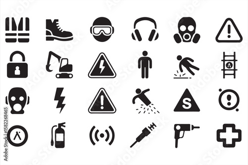 A series of workplace safety icons, featuring protective equipment, electrical hazard warnings, fall risk, and fire safety tools such as fire extinguishers, gloves, helmets, and warning signs.