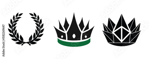Collection of three graphic symbols including laurel wreath and two crowns isolated on white background