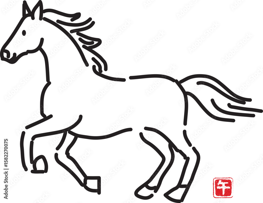 Obraz premium かわいい手描きの馬線画イラスト年賀素材