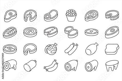 Line Art Icons of Steaks, Sausages, and Meat Cuts for Food and Restaurant Use