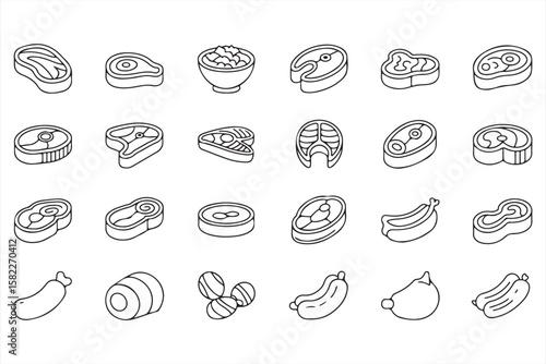 Minimalist Line Art Icons of Meat, Sausages, and Protein Cuts for Food Design