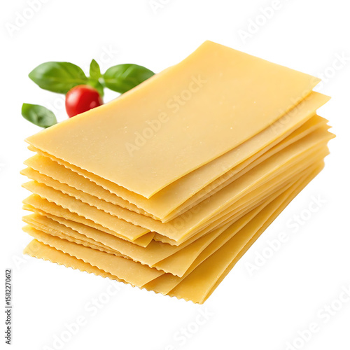 Stack of uncooked lasagna pasta sheets with fresh basil and tomato isolated on transparent background
