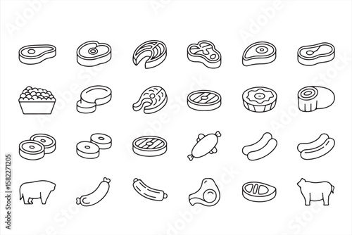 Line Icons of Meat Cuts, Sausages, and Steaks for Digital and Restaurant Branding