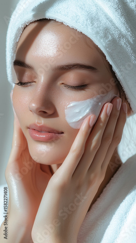 A close-up professional photo of a young woman doing her daily skincare routine, woman is putting on the face a white cream, white mask, It is an anti age cosmetics