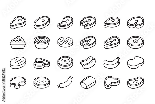 Minimalist Line Icons of Meat, Sausages, and Fish Cuts for Culinary Design