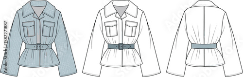 Fashion belted women jacket flat sketch, stylish coat front and back view, technical drawing, vector apparel template for design