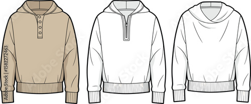 hoodie fashion flat sketch, pullover technical drawing, menswear vector template, henley hoodie, half zip hoodie, cowl neck design