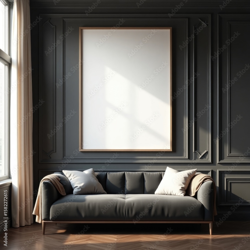 Fototapeta premium Elegant Dark Interior Design Luxury Living Room with Large Framed Canvas