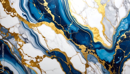 Abstract marble-like texture of white, blue, and gold