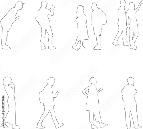 Linear silhouettes of seated people, designed for use in architectural plans, sections, and layouts.