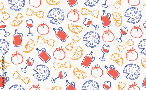 Whimsical hand drawn Italian food seamless pattern. Blue, yellow chalk crayon sketch dish with pizza, pasta, bottle wine, lemon, ingredients for Italy menu, wedding, cafe. Doodle Vector illustration.