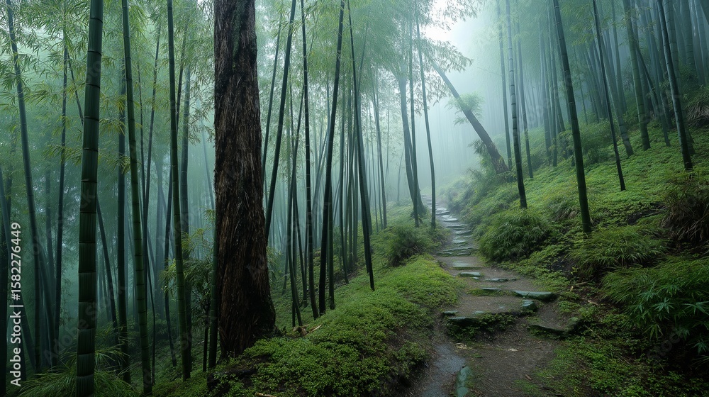 Fototapeta premium Trail winds through dense bamboo shrouded in morning mist serenity. AI generated
