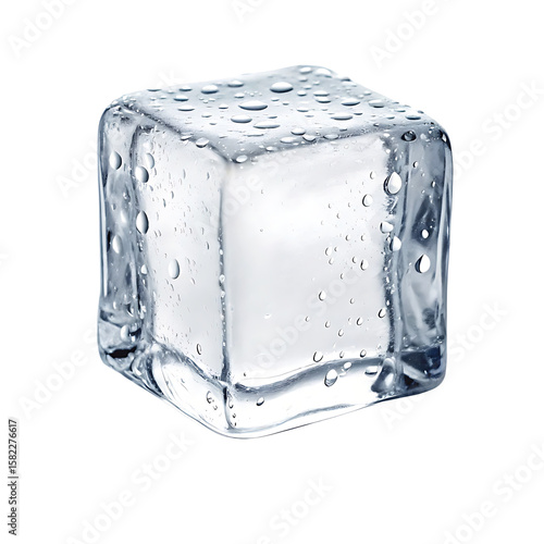 Clear ice cube with water droplets reflecting light isolated on transparent background