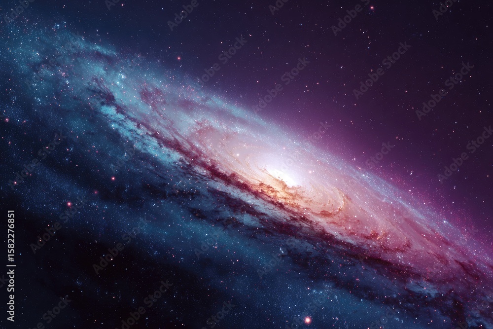 Fototapeta premium A vibrant spiral galaxy, swirling blues, purples, and oranges, with a bright core and scattered stars against a dark backdrop