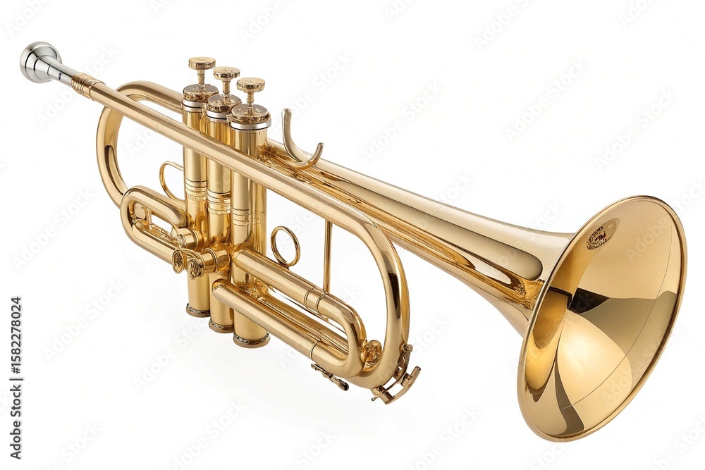 Obraz premium High-quality stock photo of a golden trumpet isolated on a transparent background. showing intricate details and craftsmanship of the musical instrument on white background