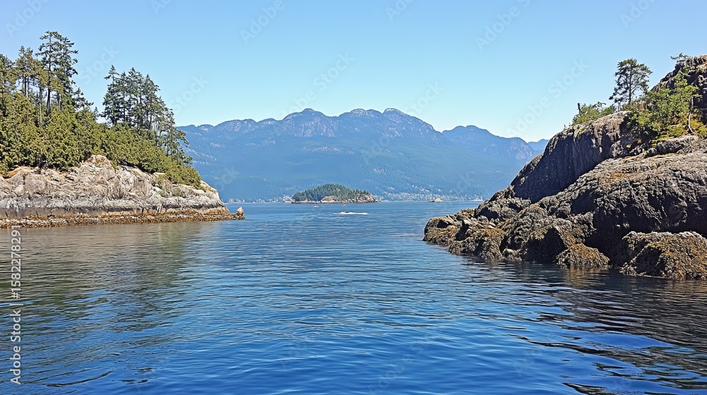 Fototapeta premium Serene inlet view with rocky shores, lush green islands, and distant mountains under a clear blue sky