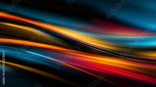Dynamic abstract image featuring vibrant, flowing lines shades of blue, orange, and red, creating sense of motion and energy. smooth curves and vivid colors evoke feeling of fluidity