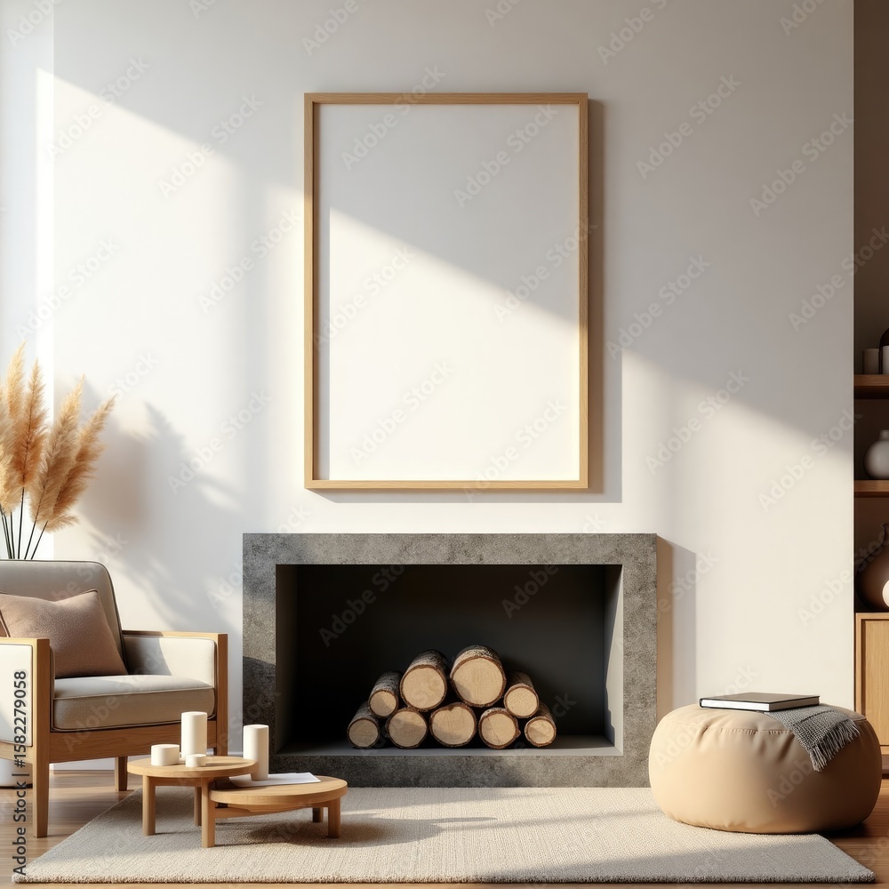 Obraz premium Modern Minimalist Living Room Interior Design Fireplace Sunlight Cozy Decor