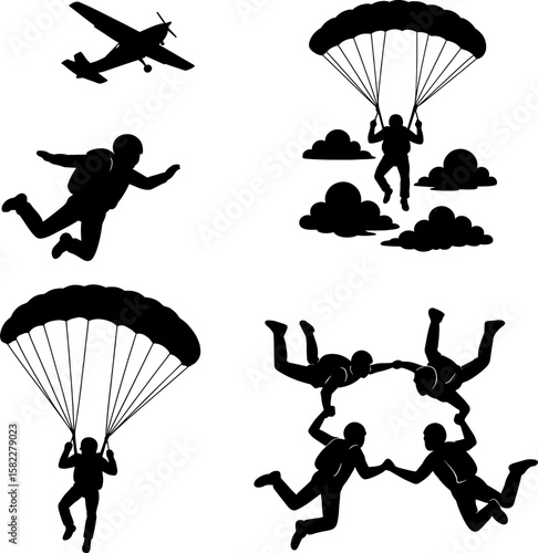 Sky diving from sky in lack and white silhouette asset in white background 