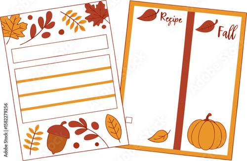 Two fall themed recipe cards with leaves, an acorn, a pumpkin, and space to write recipes and notes