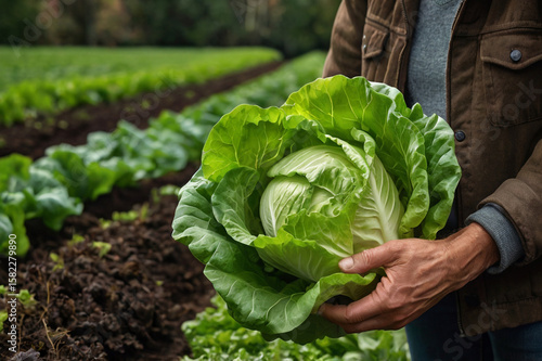 Farmer holding fresh green cabbage in a field vegetable