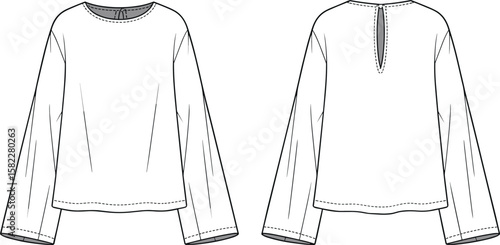 long sleeve blouse, fashion flat sketch, back keyhole detail, women loose fit top, vector technical drawing, apparel design template