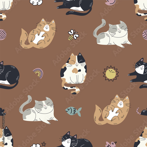A playful seamless vector pattern featuring various cute cats in different poses. Perfect for fabric prints, wallpapers, wrapping paper, and digital backgrounds. 