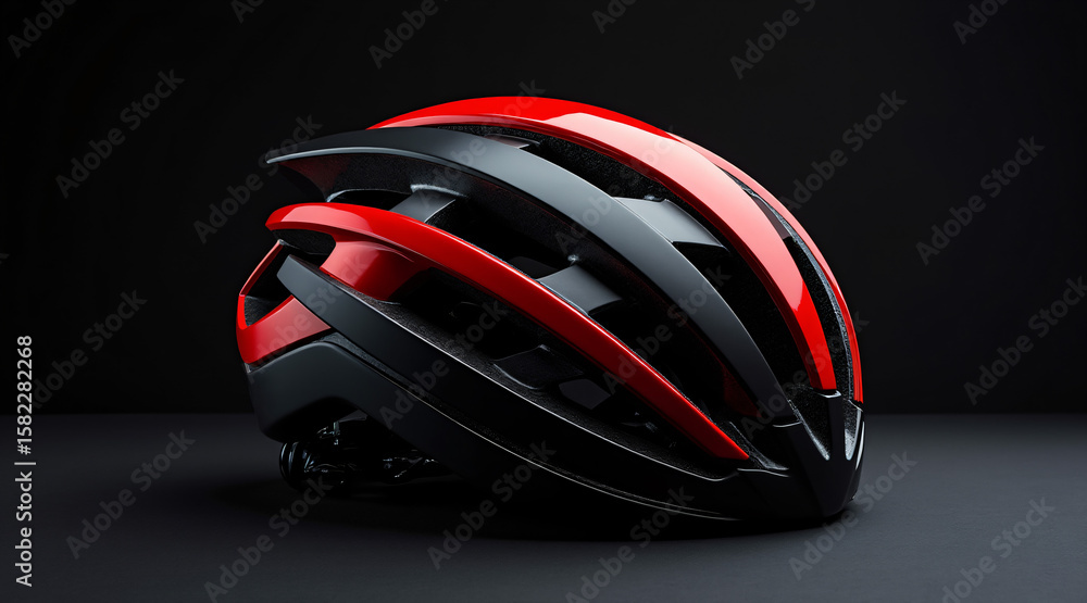 Fototapeta premium Sleek Red and Black Bicycle Helmet with Streamlined Design on Dark Background