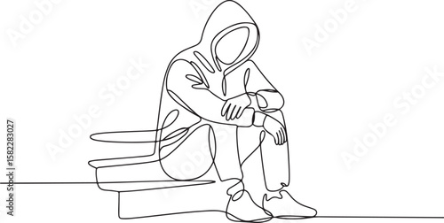 Continuous Line Art of Sad Person Sitting Alone in Hoodie Depression