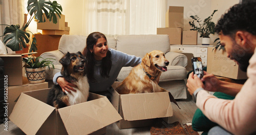 Canvas Print Smile, woman and picture with dogs at new house for photography, social media post and memory